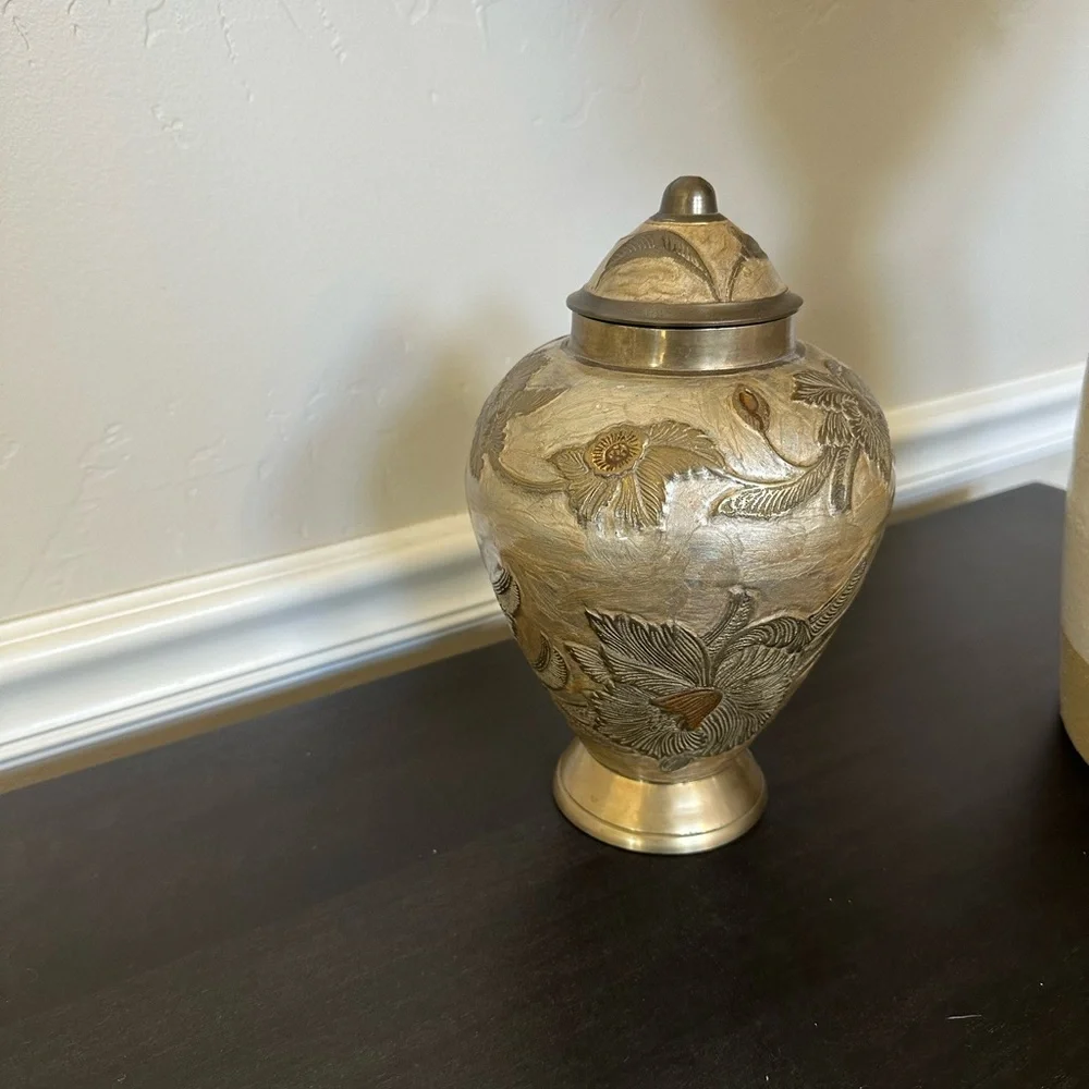 Floral enamel brass urn/vase - Picture 3 of 4